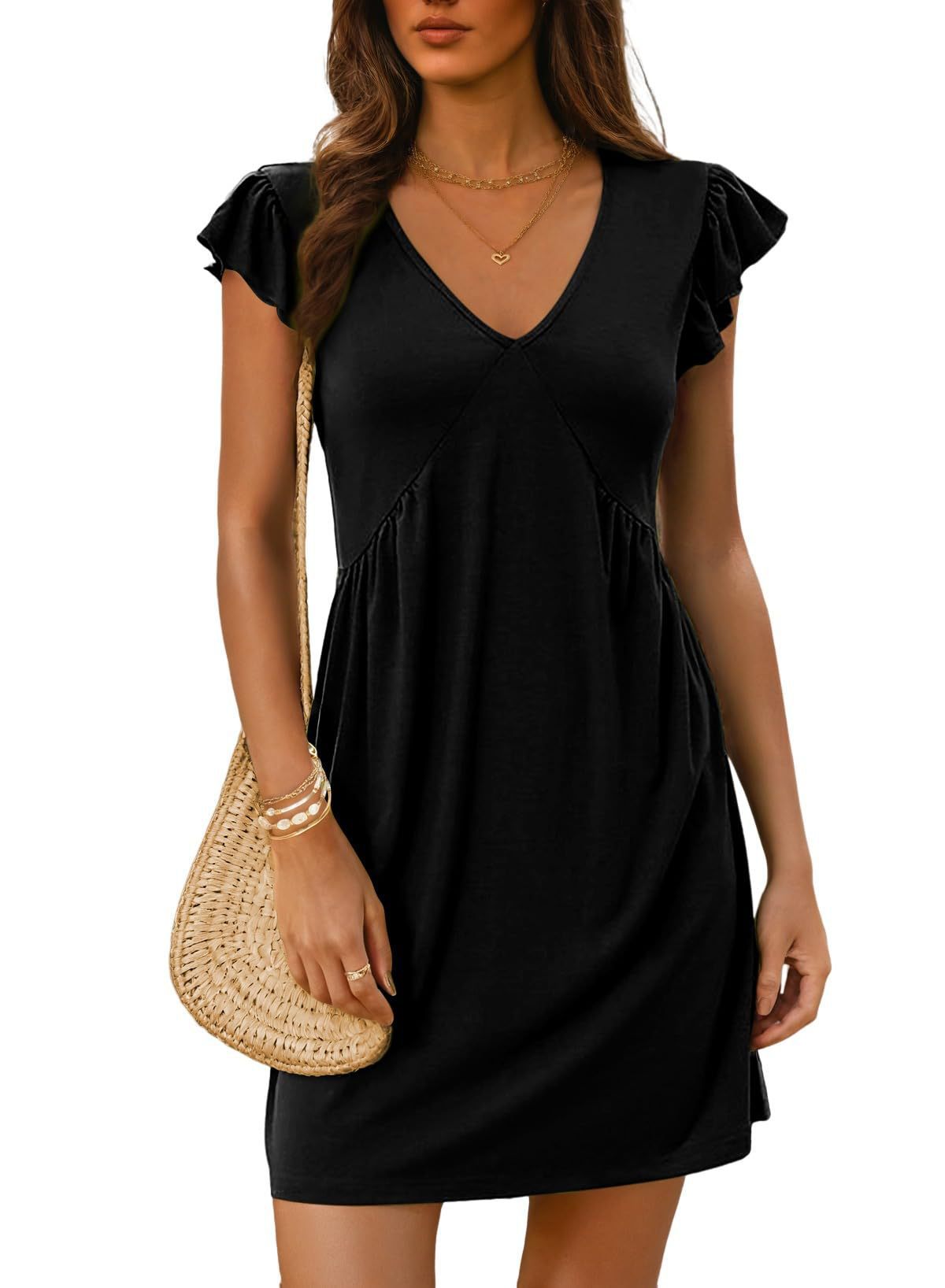 Women's Deep V-Neck Ruffle Sleeve Mini Dress
