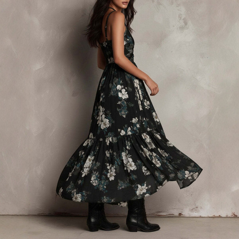 Floral Print V-Neck Cami Maxi Dress with High Slit and Cinched Waist