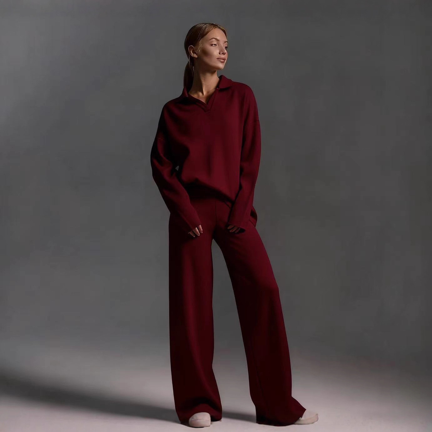 Polo Neck Pullover & Wide Leg Pants Two-Piece Set