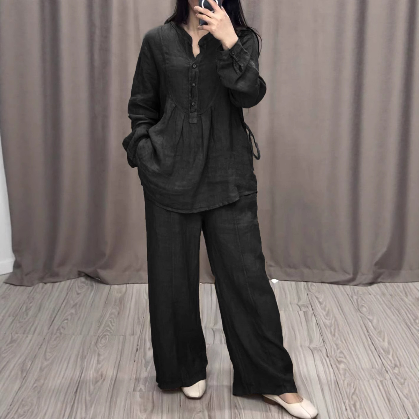 Cotton-Linen Long-Sleeve Half-Placket Pleated Wide-Leg Pants Set