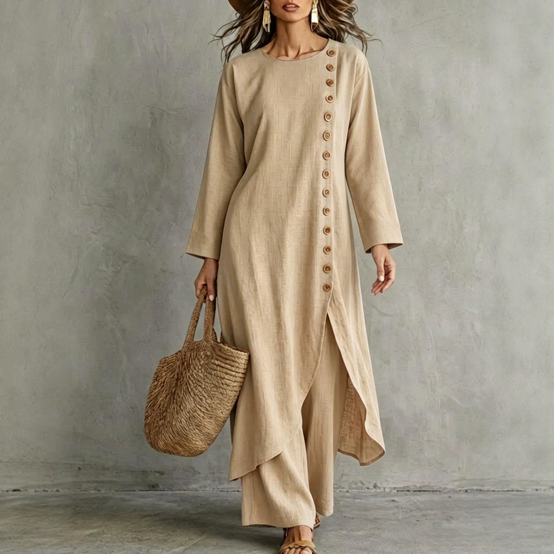 Solid Color Loose Button Round Neck Long Sleeve Dress