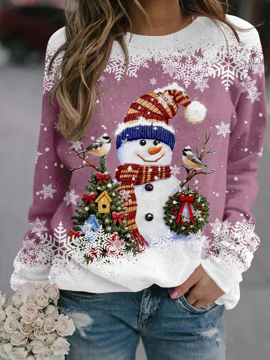 Women's Christmas Snowman Snowflake Print Crewneck Sweatshirt