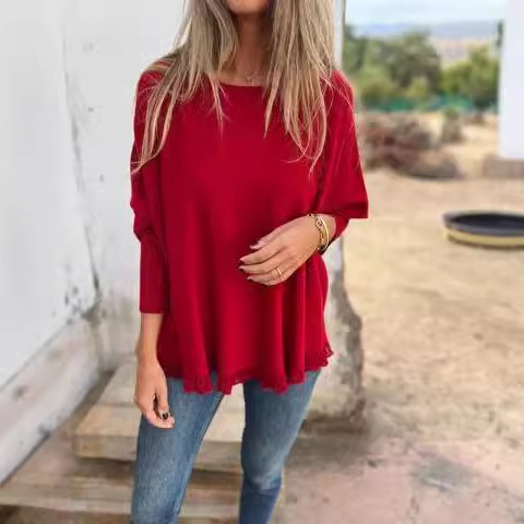 Women's Loose Long Sleeve Ruffle Knit Top
