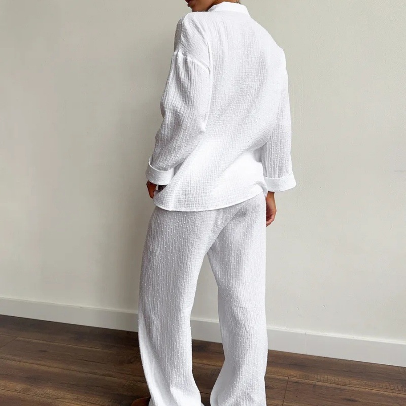 Women's Spring Summer Shirt and Pants Two-Piece Set Long Sleeve Collared Top with Elastic Waist Pants