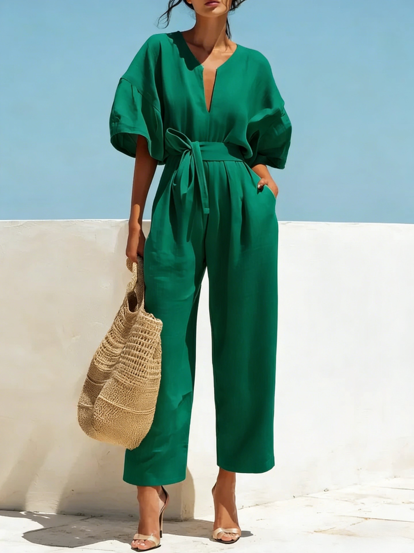 Elegant V-Neck Cotton Linen Wide-Leg Jumpsuit for Women