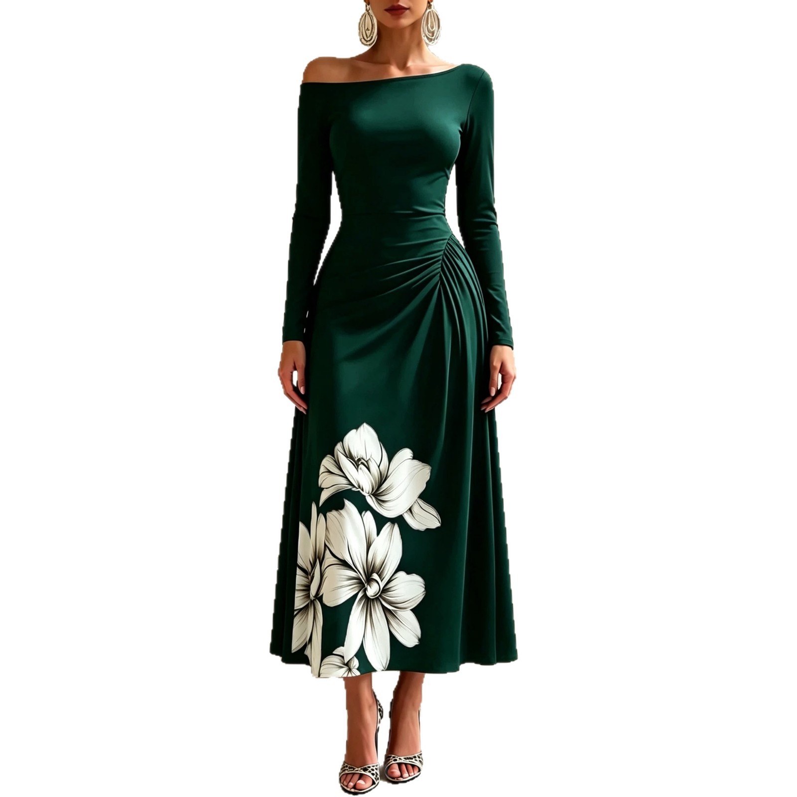 Off-Shoulder Floral Print Maxi Dress with Side Waist Ruching