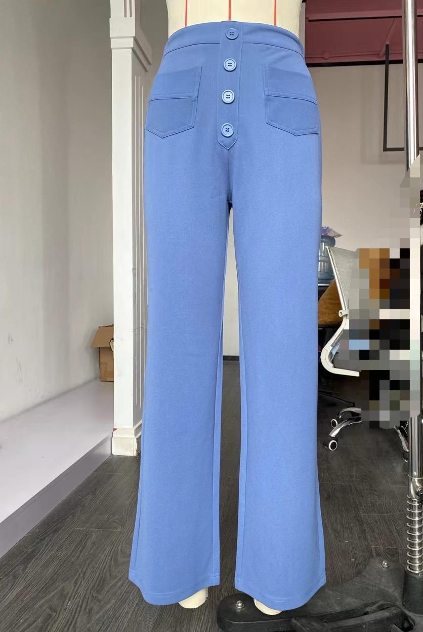 High-Waist Wide-Leg Button Pants with Pockets Casual Straight-Leg Trousers