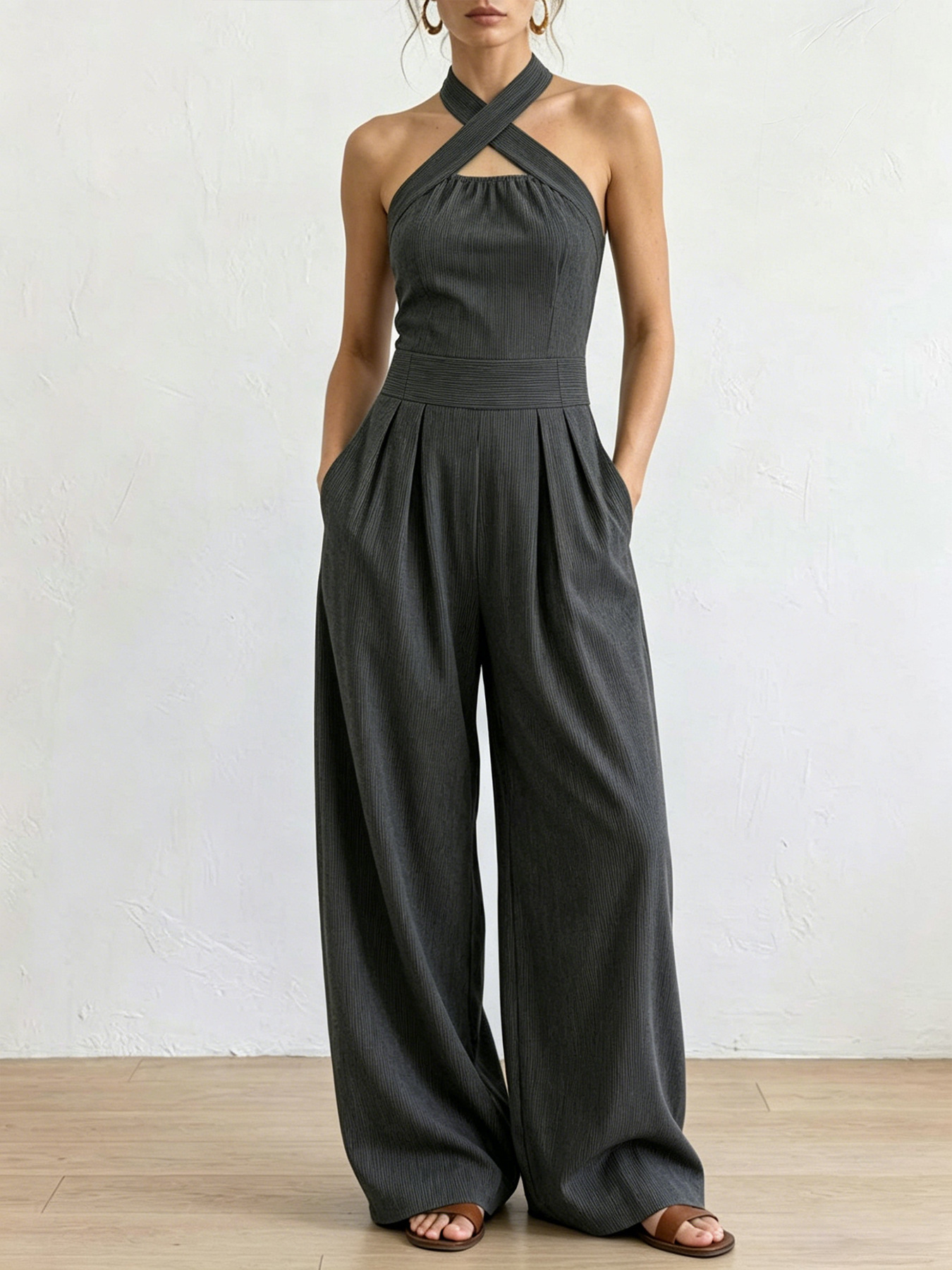Sleeveless Halter Wide-Leg Jumpsuit with Drapey Relaxed Fit