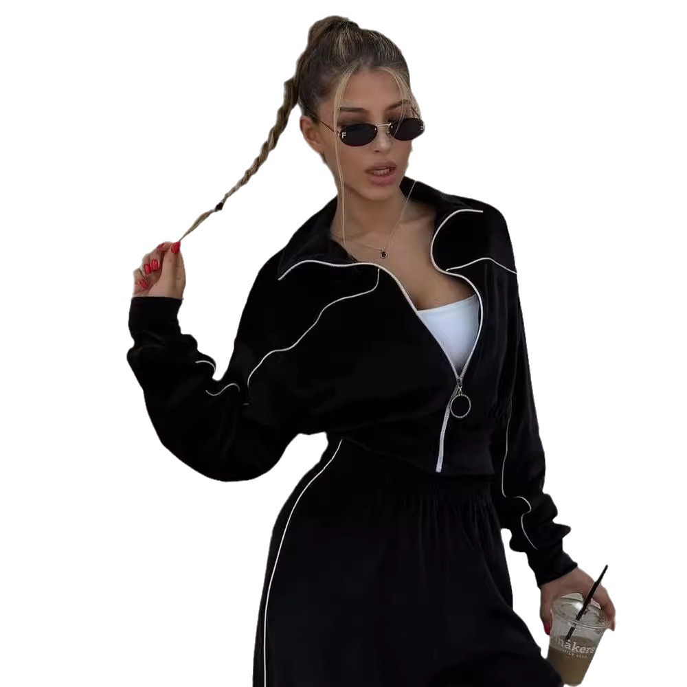 Velvet Zip-Up Long Sleeve Two-Piece Pants Set