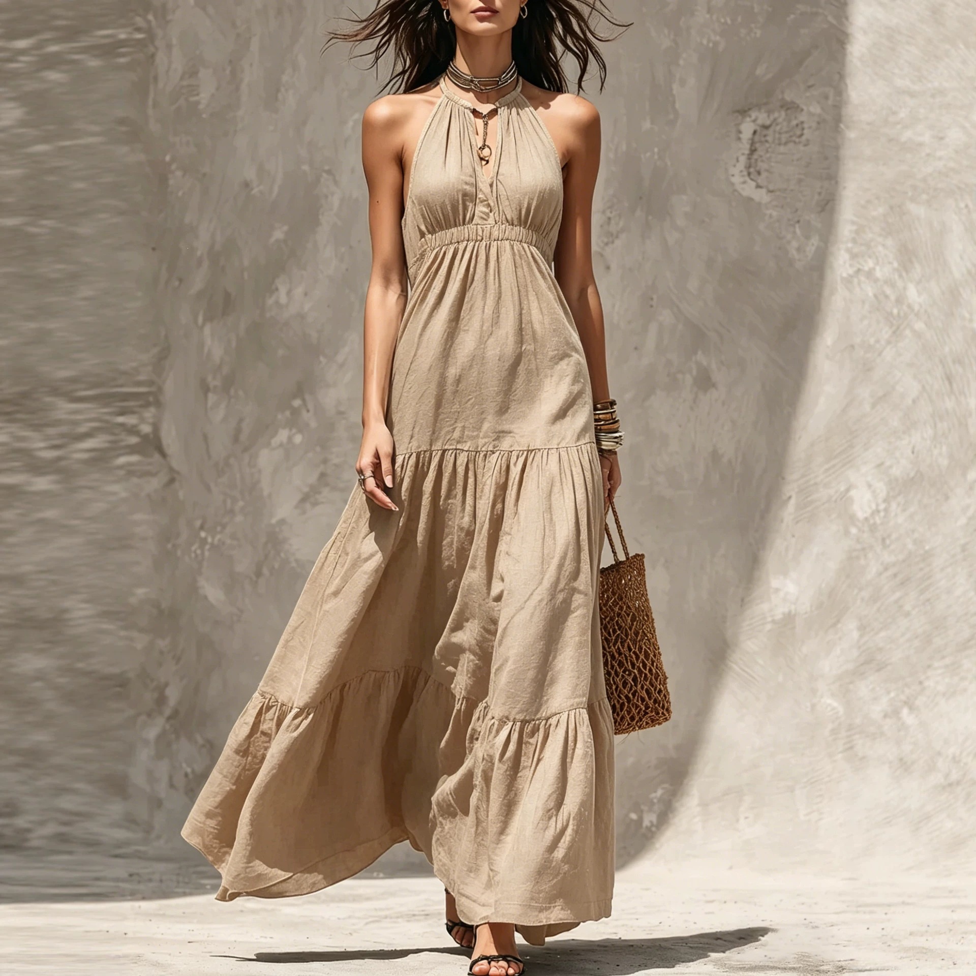Women's Halter V-Neck Tiered Maxi Dress