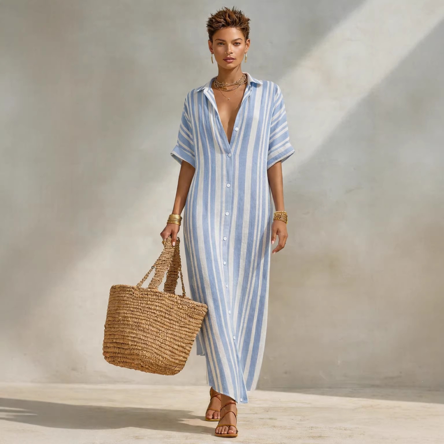 Women's Striped Shirt Dress Loose Casual Long Vacation Dress