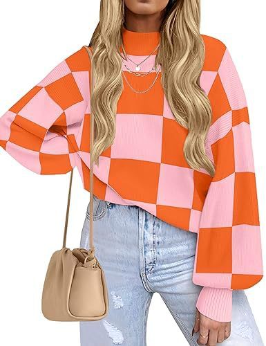 Women's Striped Ribbed Knit Turtleneck Long Sleeve Loose Pullover Sweater