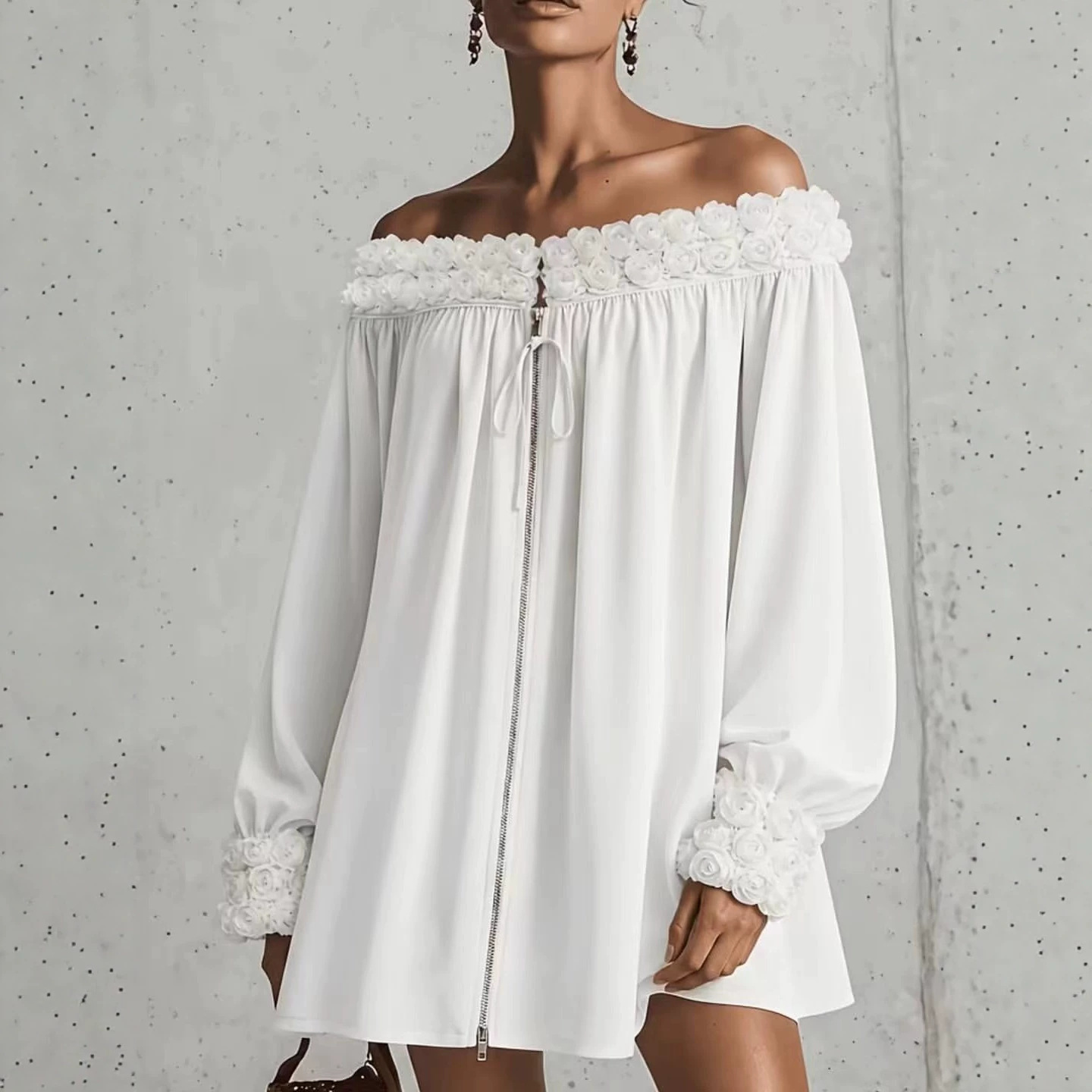 Off-Shoulder Floral Dress with Puff Sleeves and A-Line Skirt