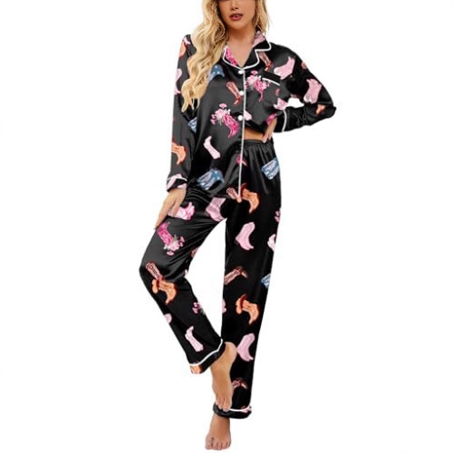 Women's Cuban Collar Butterfly Christmas Sock & Hat Print Long Sleeve Shirt Set