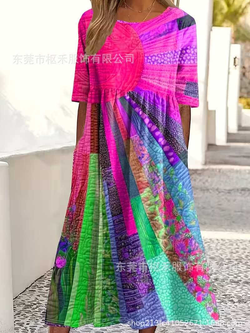 Women's Colorful Floral Print Ruched Midi Dress