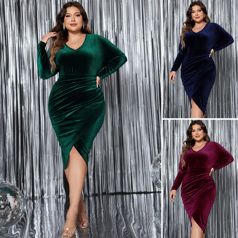 Plus Size Long Sleeve High Waist Mermaid Evening Dress with Rhinestones