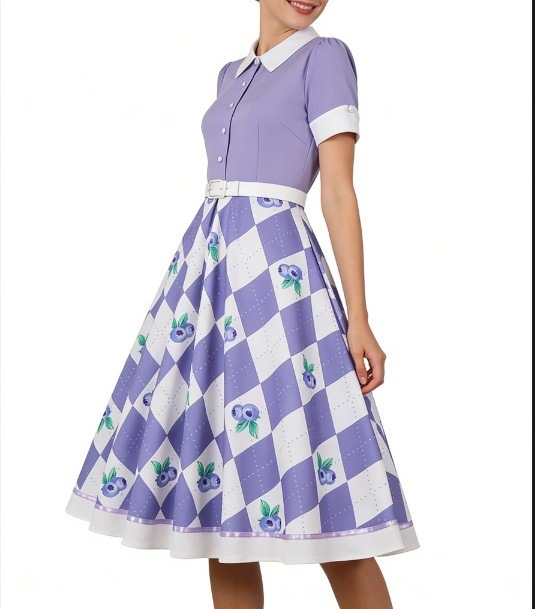Women's Vintage Fruit Print Short Sleeve A-Line Dress with Belt