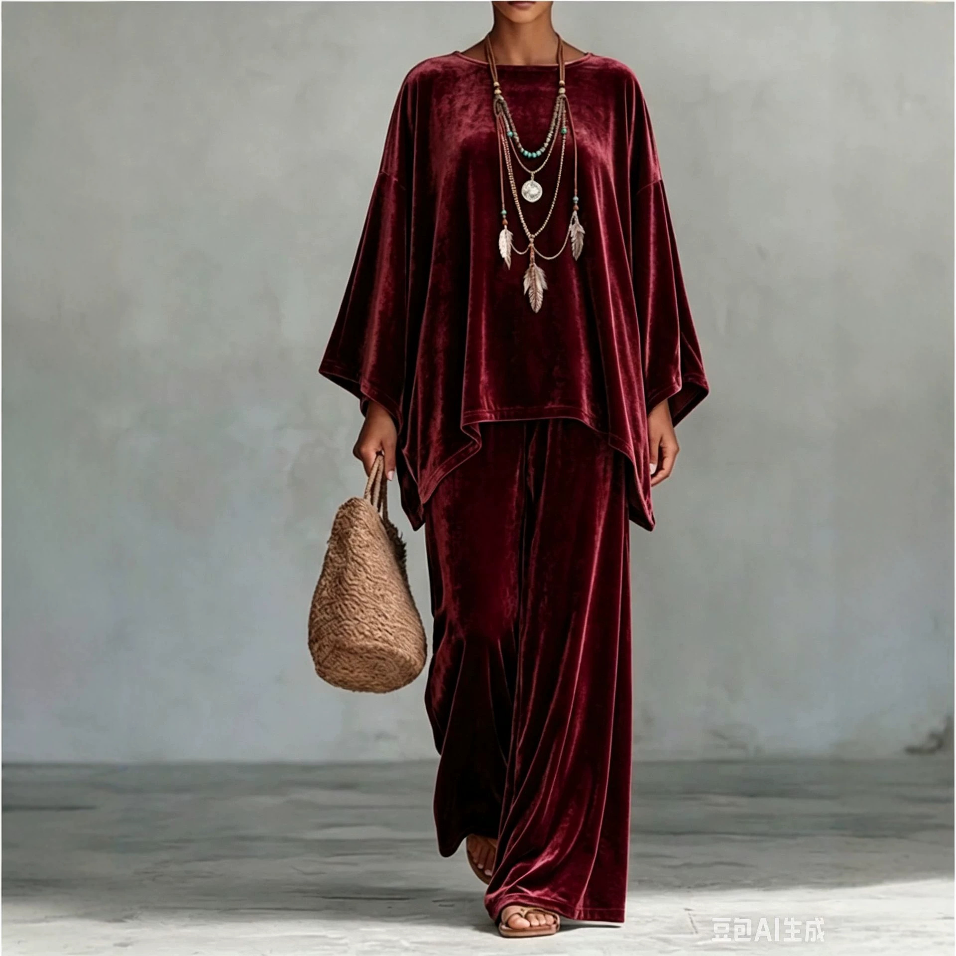 Velvet Round Neck Long Sleeve Loose Top & Wide Leg Pants Set