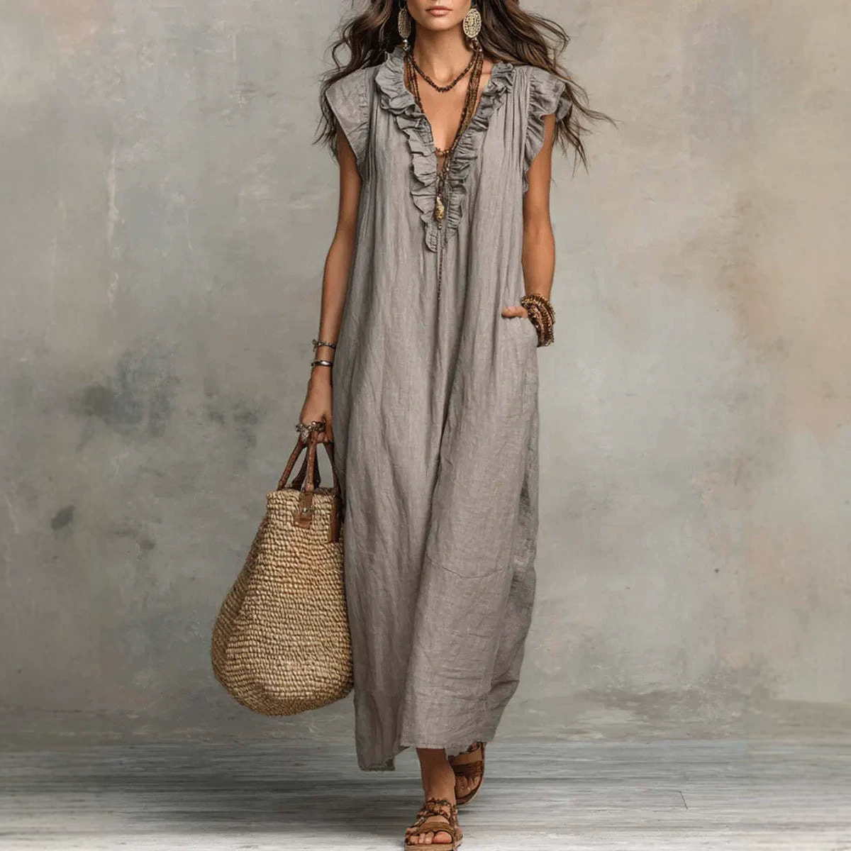 Women's Solid Ruffle Deep V-Neck Sleeveless Loose Casual Dress