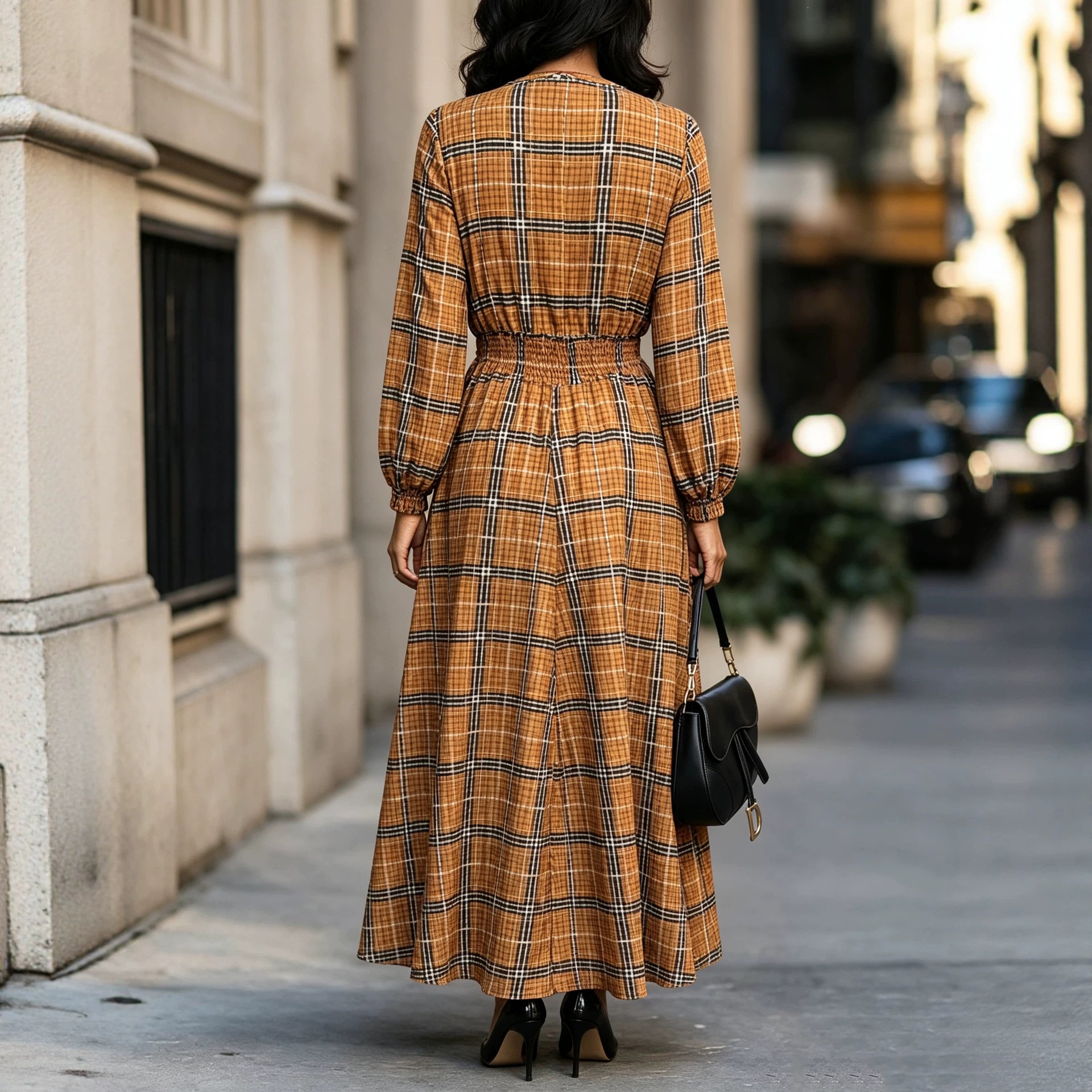 Floral Print Long Sleeve V-Neck Waist-Cinched Slit Maxi Dress