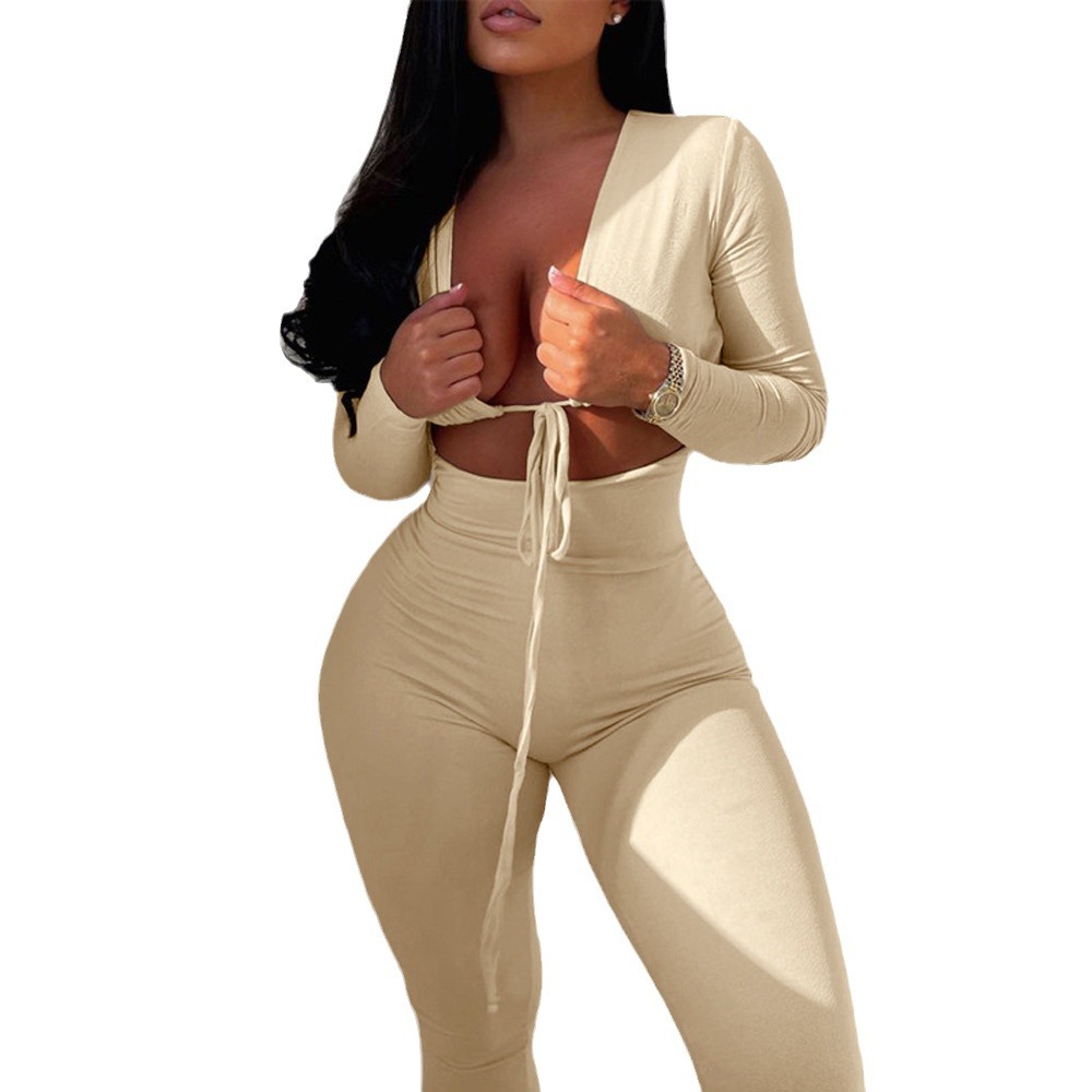 Women's Sexy Cutout Lace-Up Long Sleeve Slim Jumpsuit