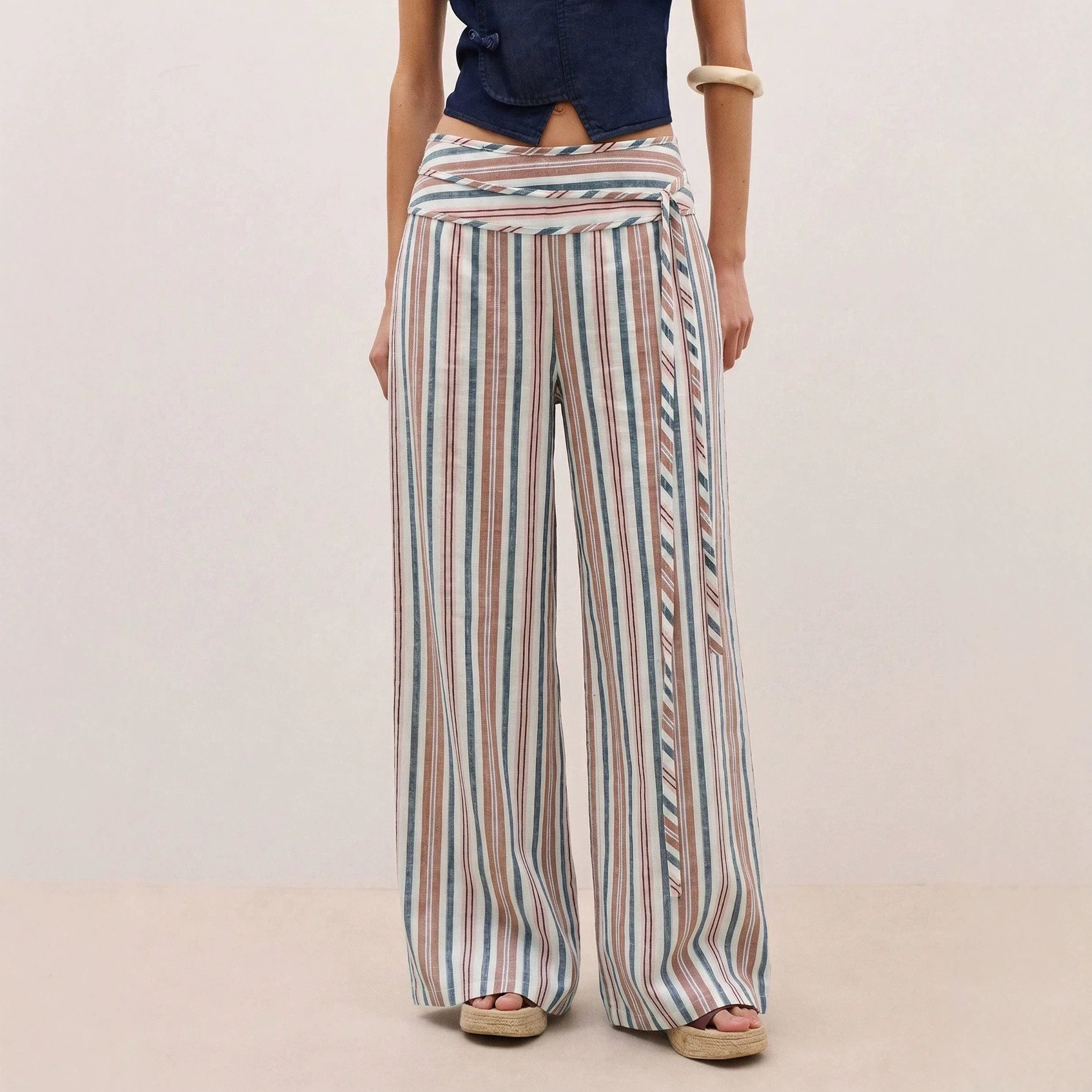 Striped High-Waist Tie-Front Wide-Leg Pants