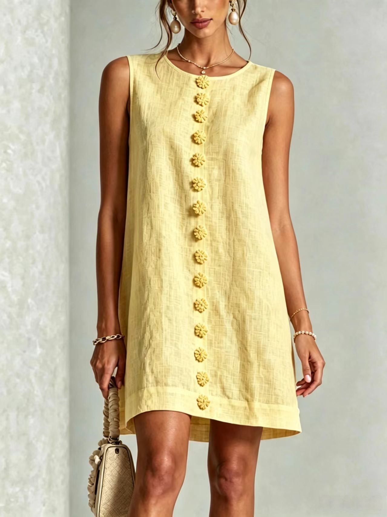 Sleeveless Round Neck Shell Button Front Slit Fitted Dress