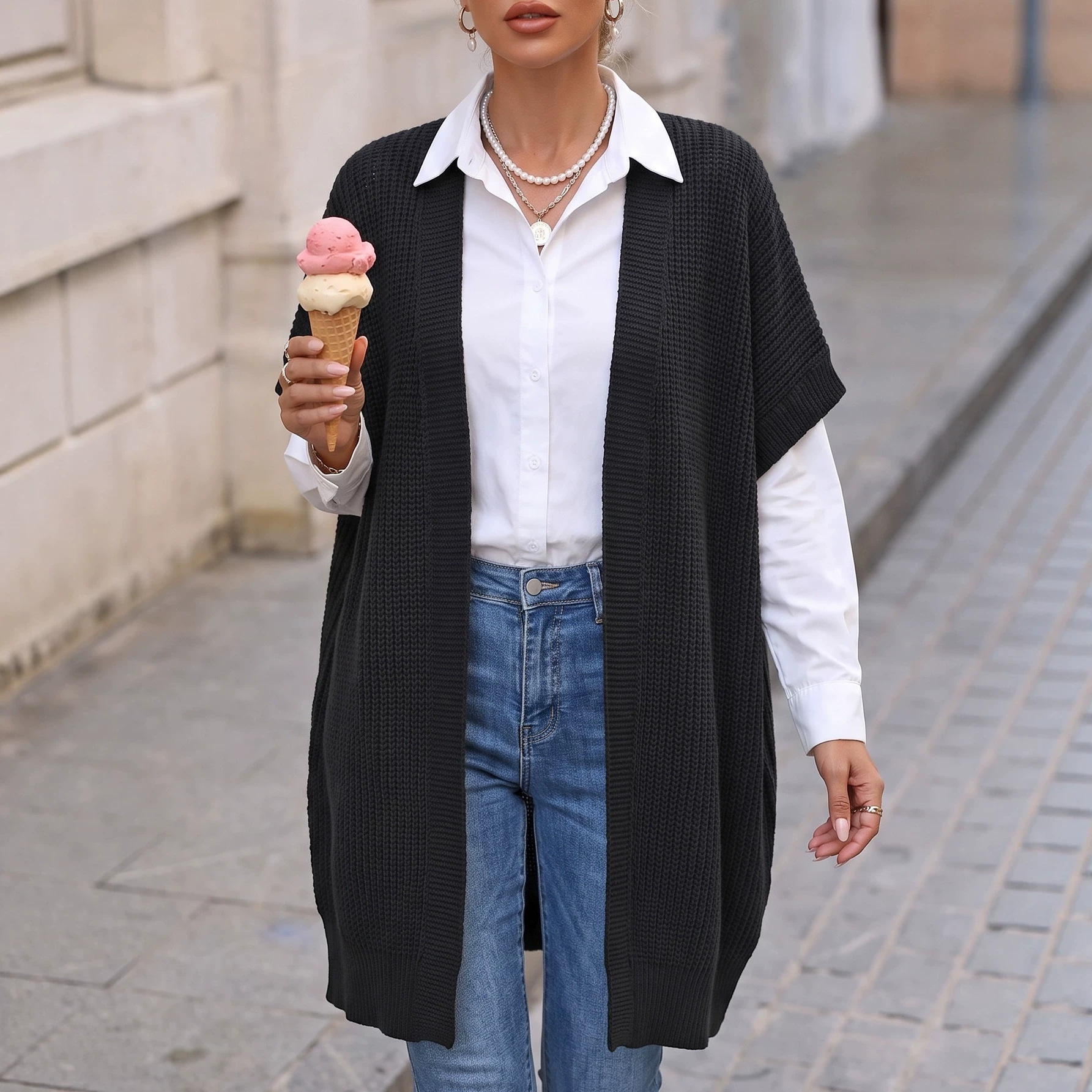 Women's Knit Cardigan Vest Sleeveless V-Neck Loose Fit