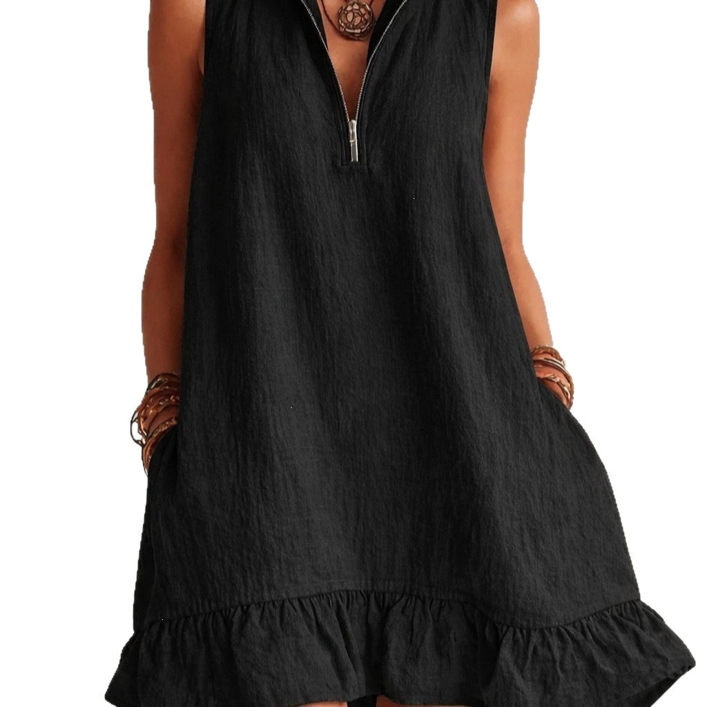Cotton Linen Solid V-Neck Sleeveless A-Line Dress