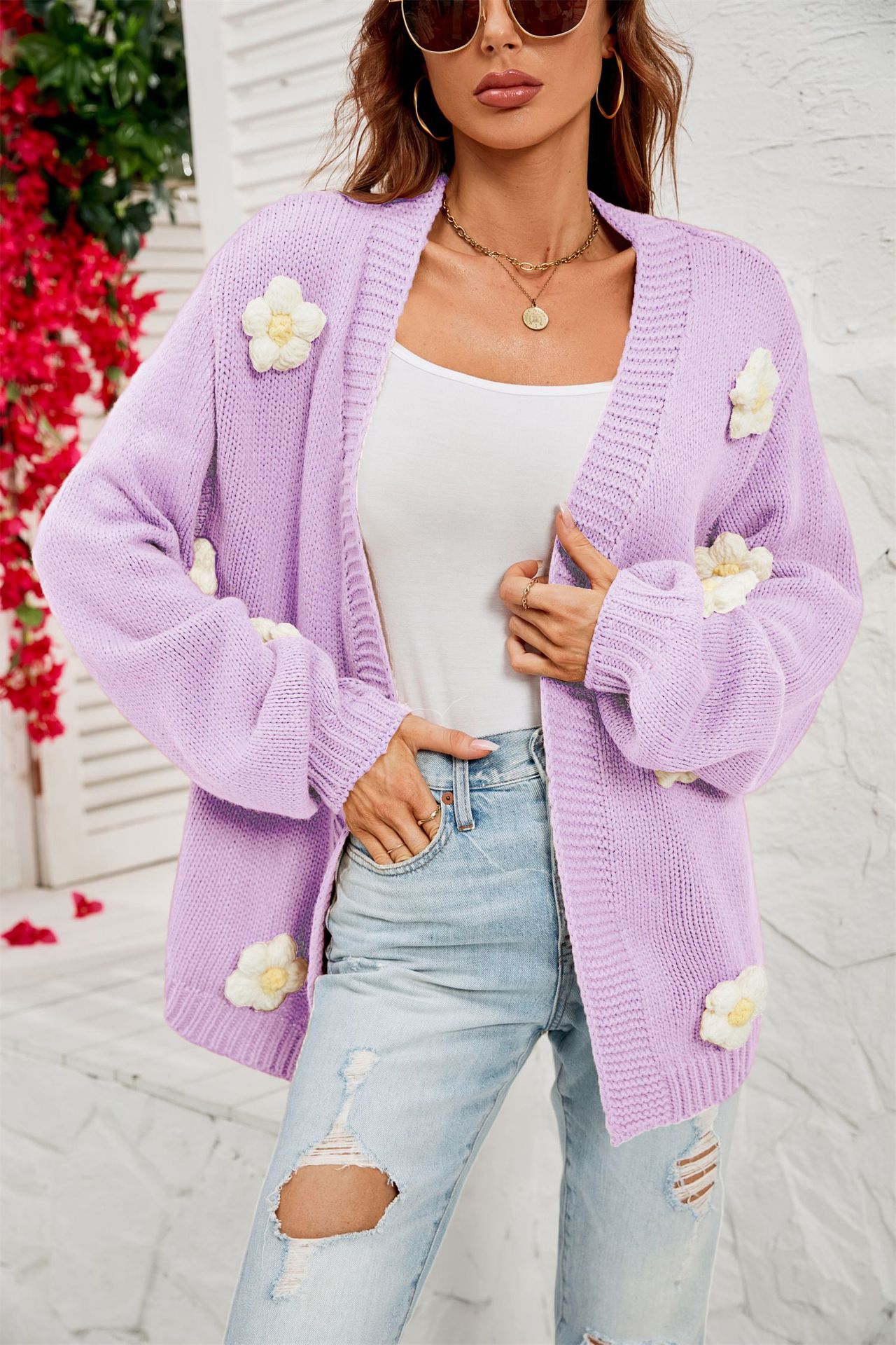 Floral Open-Front Cardigan with Lantern Sleeves