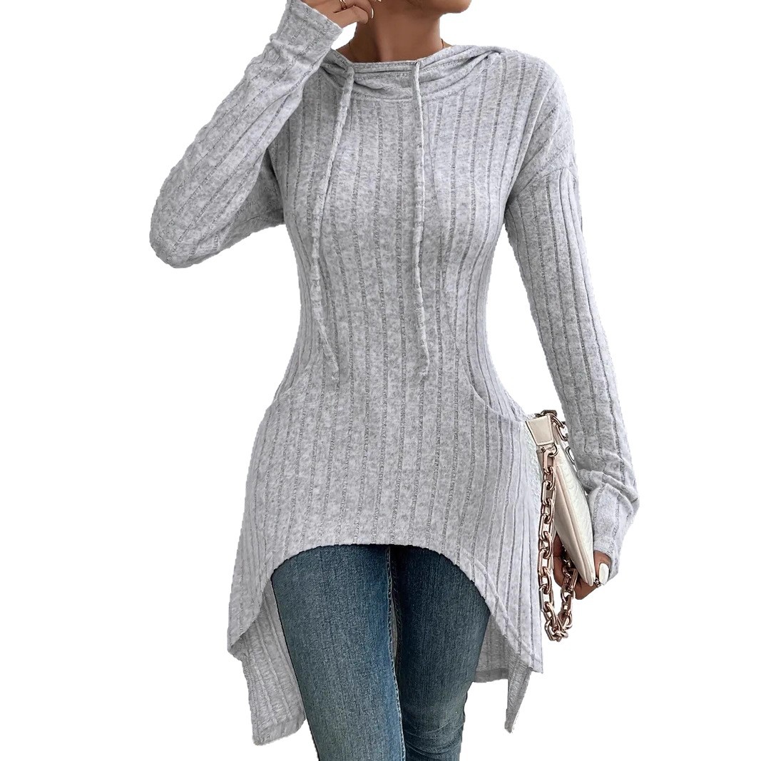 Women's Ribbed Knit Hooded Drawstring Tunic Sweatshirt