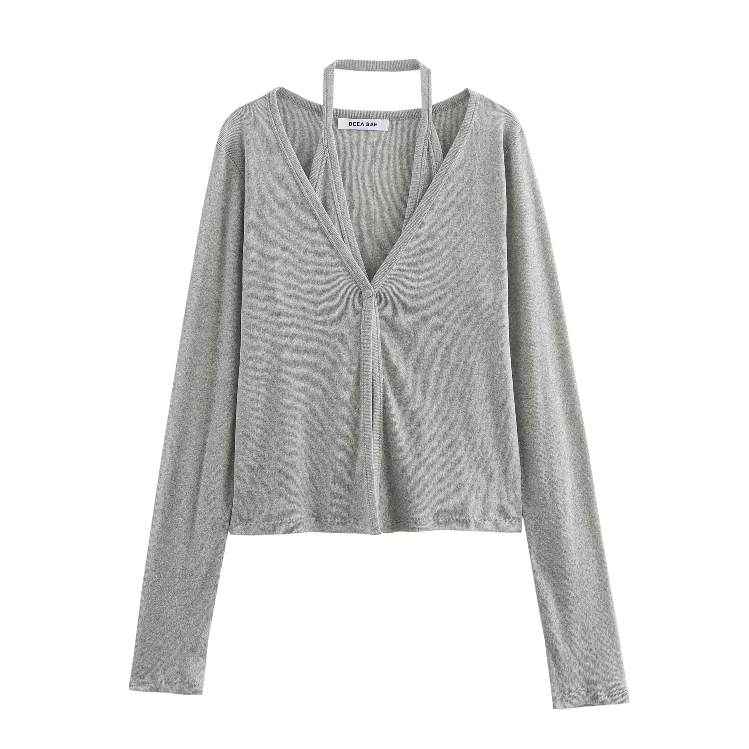 V-Neck Single-Breasted Halter Long-Sleeve Knit Top