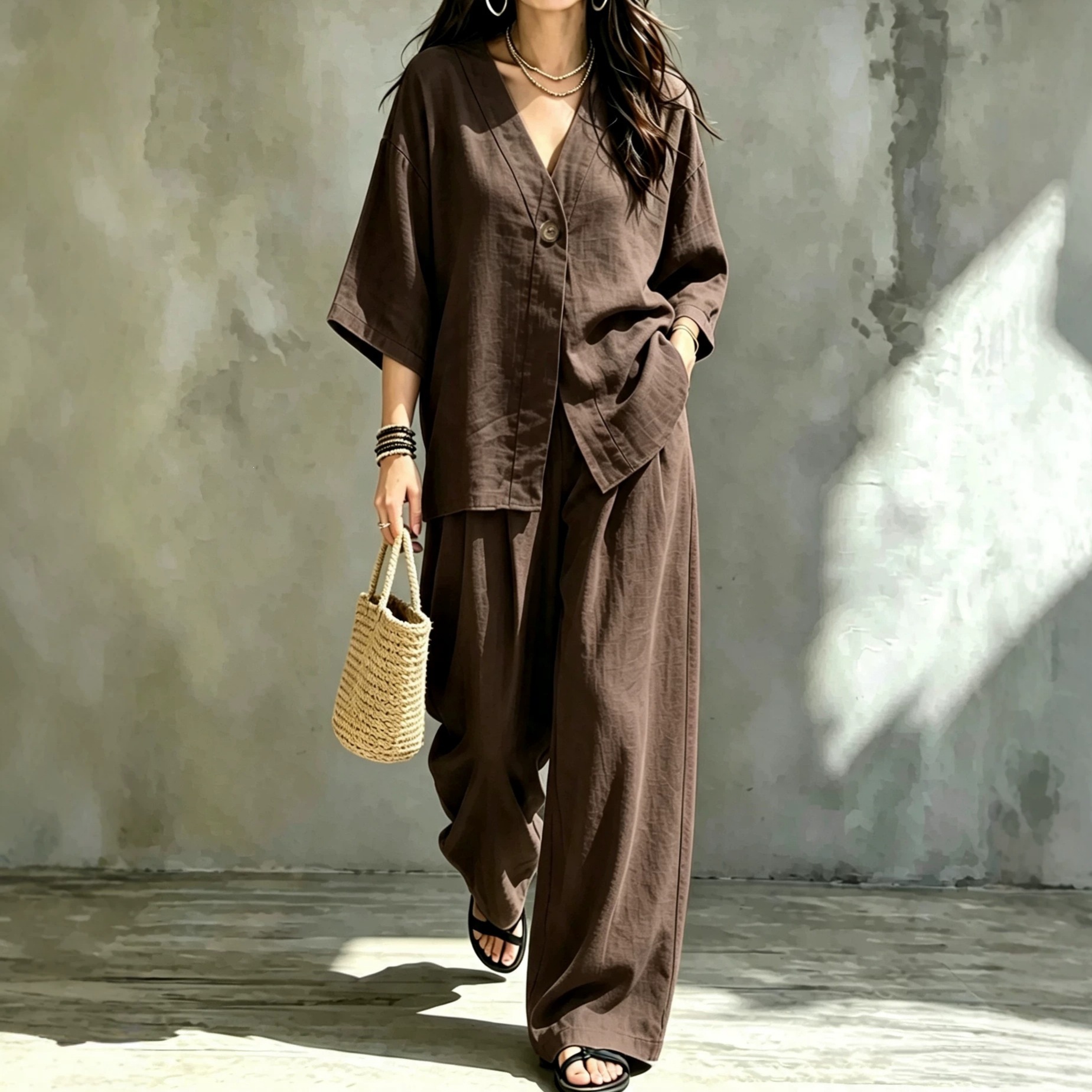 Women's V-Neck One-Button Loose Long-Sleeve Top & High-Waist Suit Pants Two-Piece Set