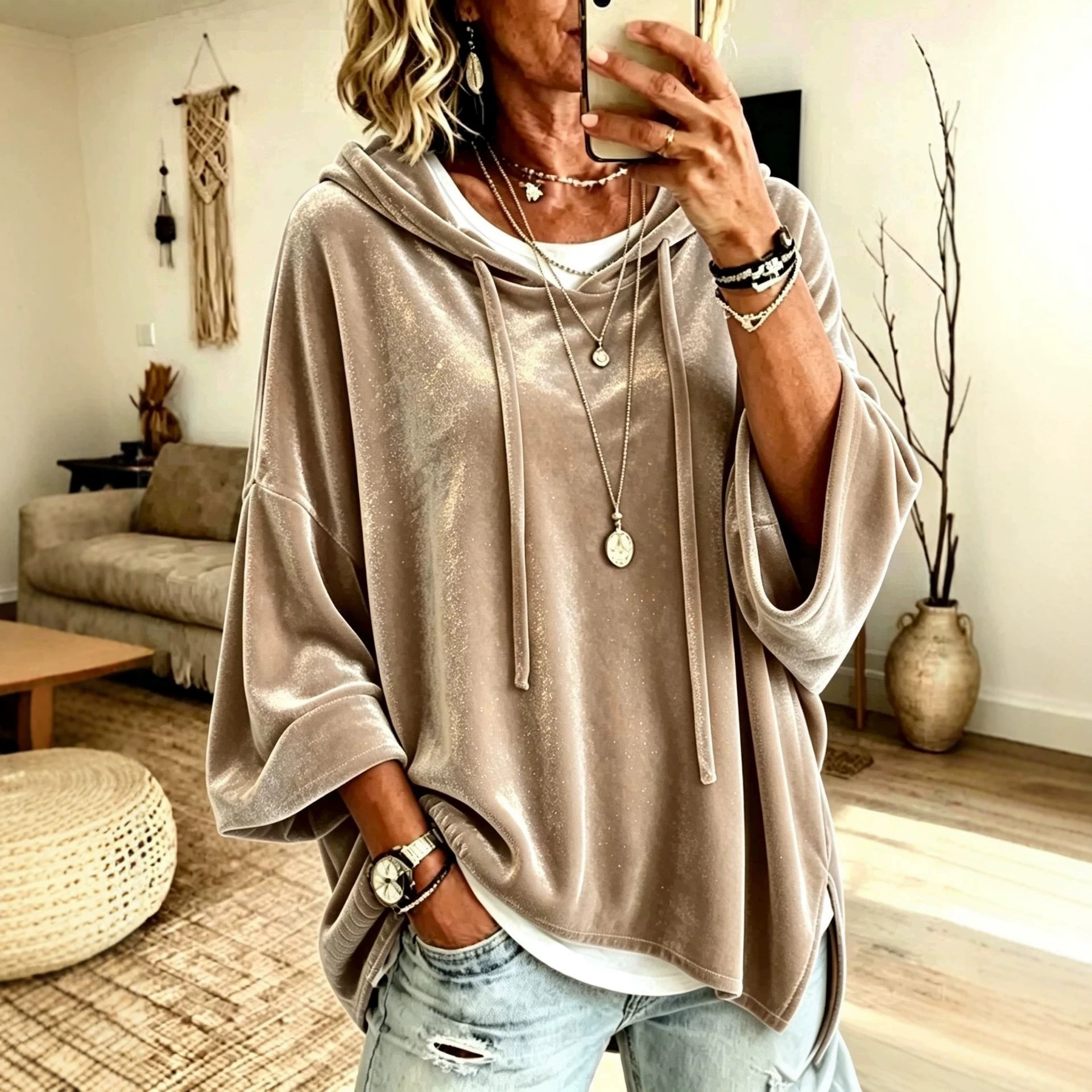 Women's Velvet Hooded Drawstring Sweatshirt Loose Fit