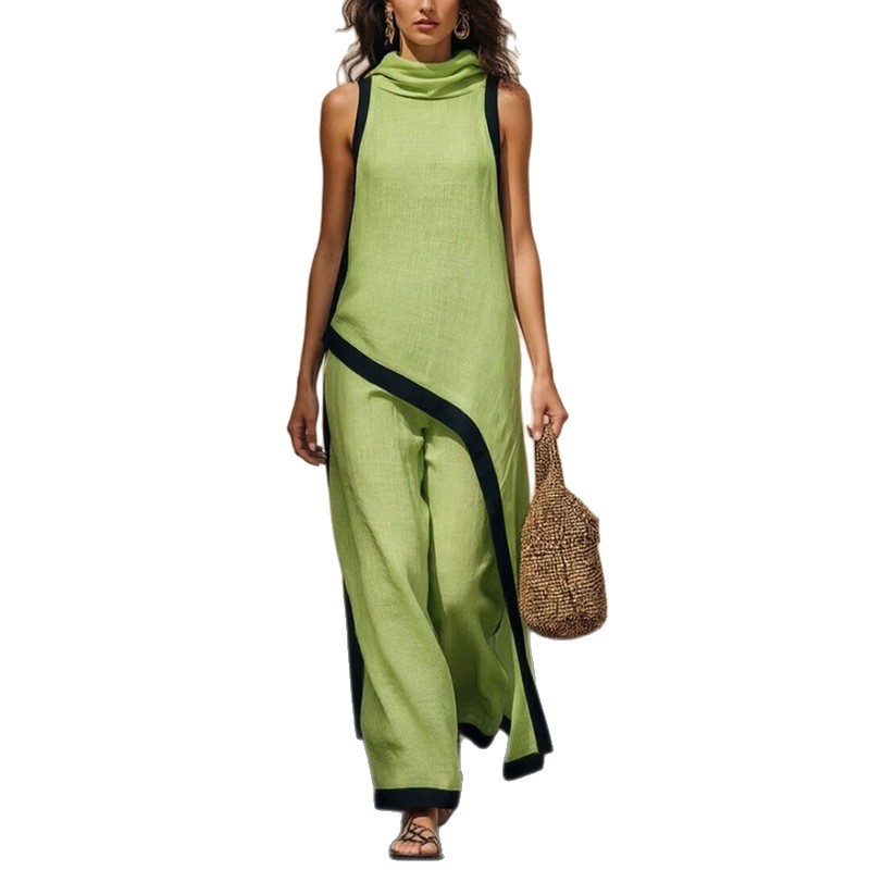Asymmetric Cutout Hooded Colorblock Sleeveless Vest & Pants Set