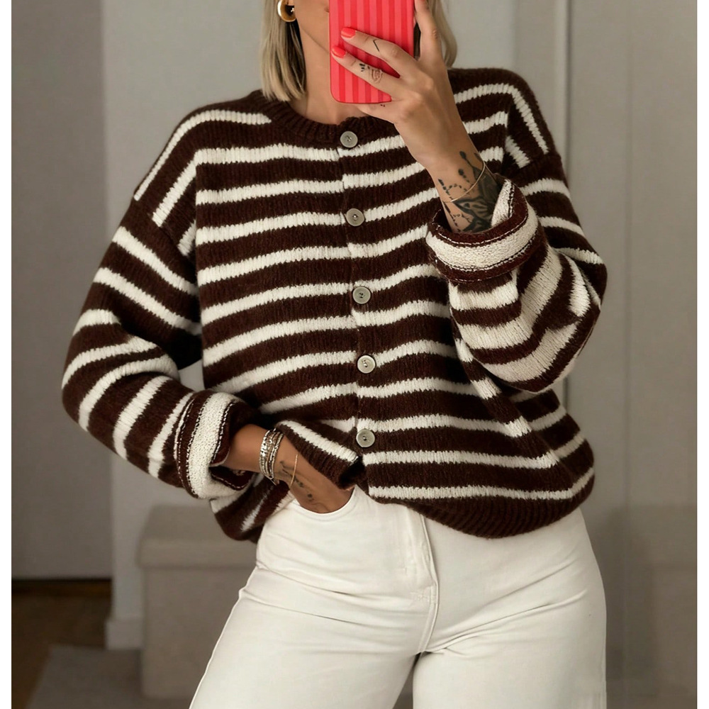 Striped Button-Front Knit Cardigan