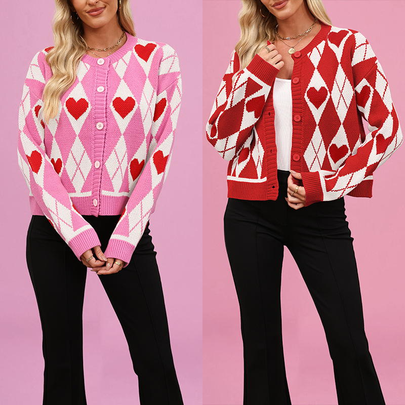 Colorblock Heart Button-Front Knit Cardigan