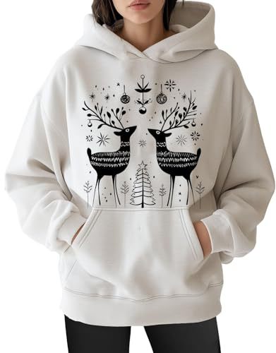 Women's Christmas Print Hoodie with Lantern Leaf Motif