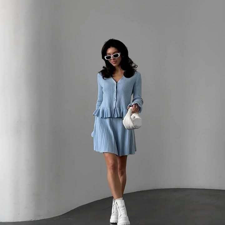 French-Style V-Neck Long-Sleeve Rhinestone-Button Ruffle Knit Two-Piece Skirt Set