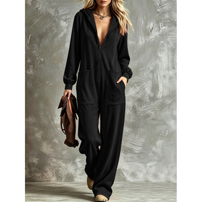Hooded Full-Zip Loose Straight-Leg Lounge Jumpsuit with Pockets