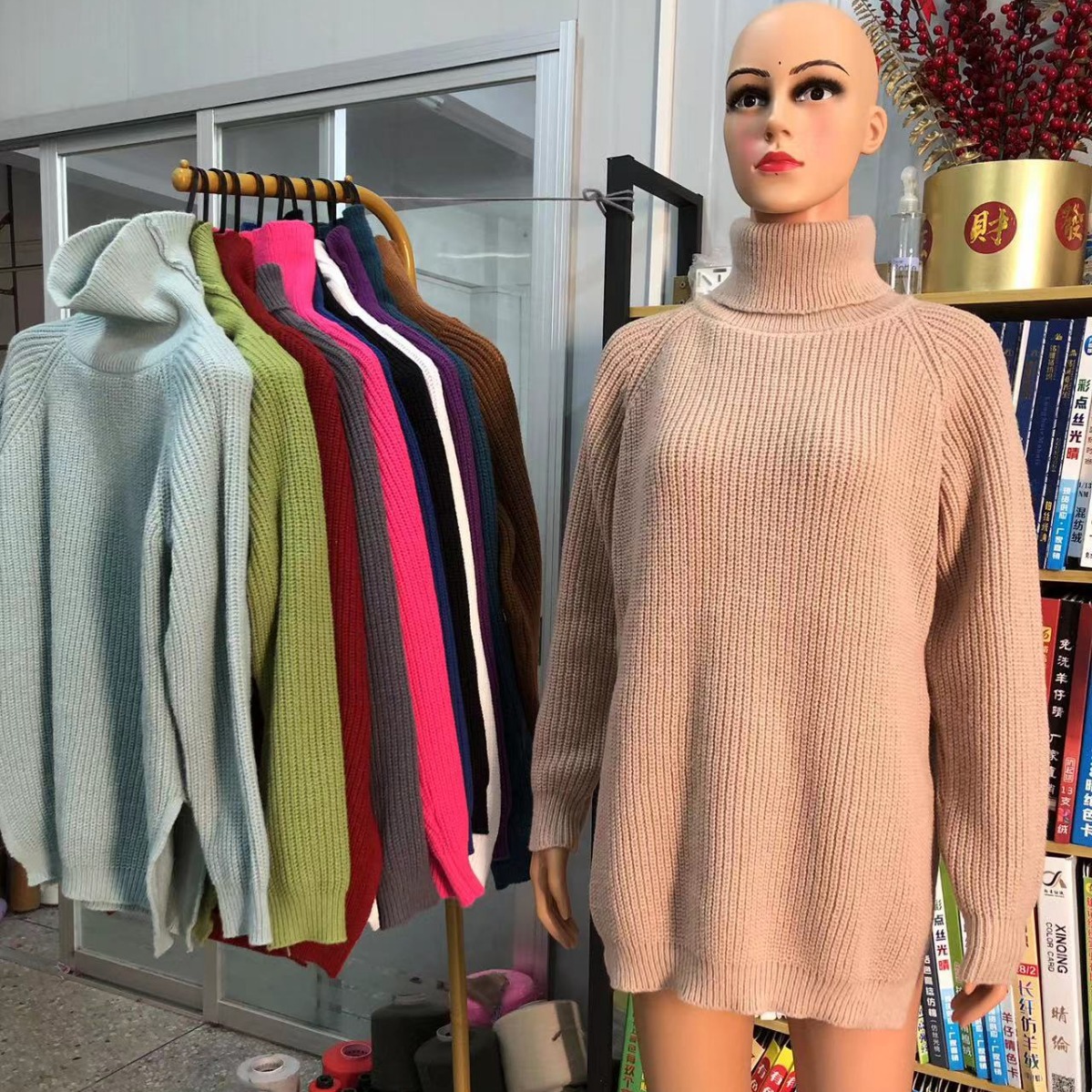 Women's High Neck Midi Knit Sweater with Raglan Sleeves and Side Slit
