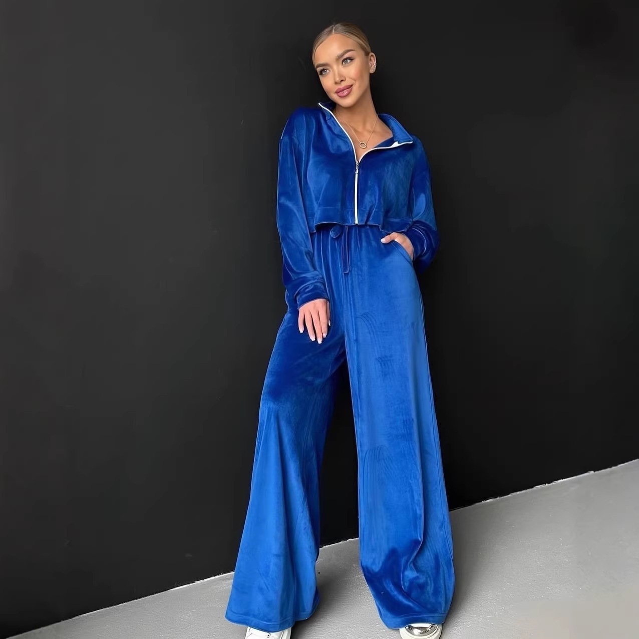 Women's Solid Color Long Sleeve Zip Cardigan & Wide Leg Pants Two-Piece Set