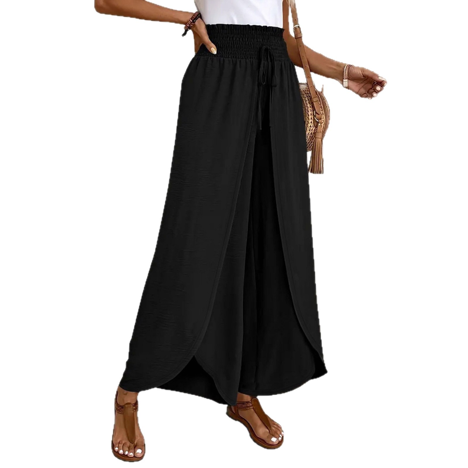 Elegant Split Wide-Leg Pants Lightweight Breathable Black
