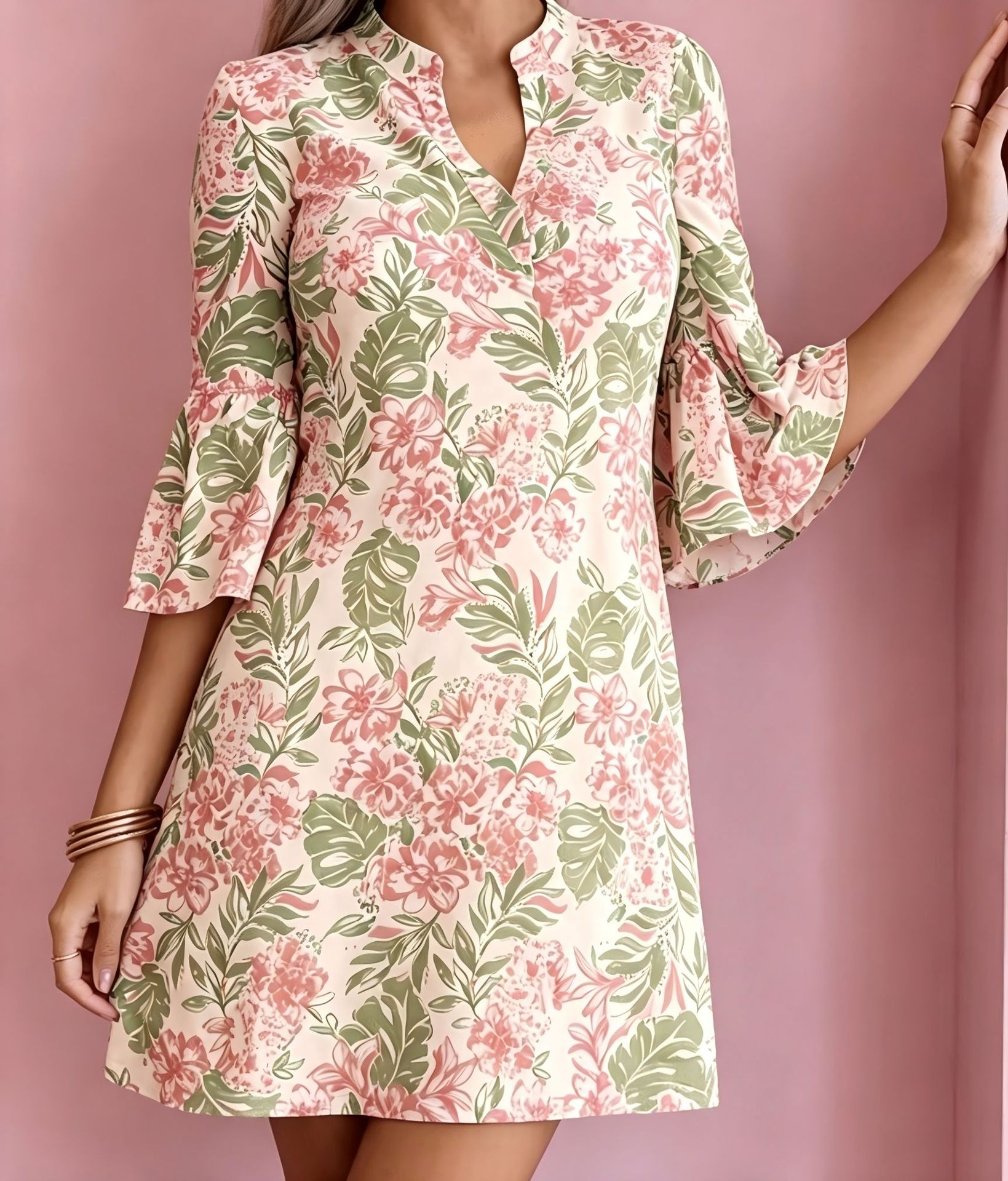 Women's Floral Leaf Print Casual Midi Dress with Deep V-Neck and Five-Quarter Sleeves