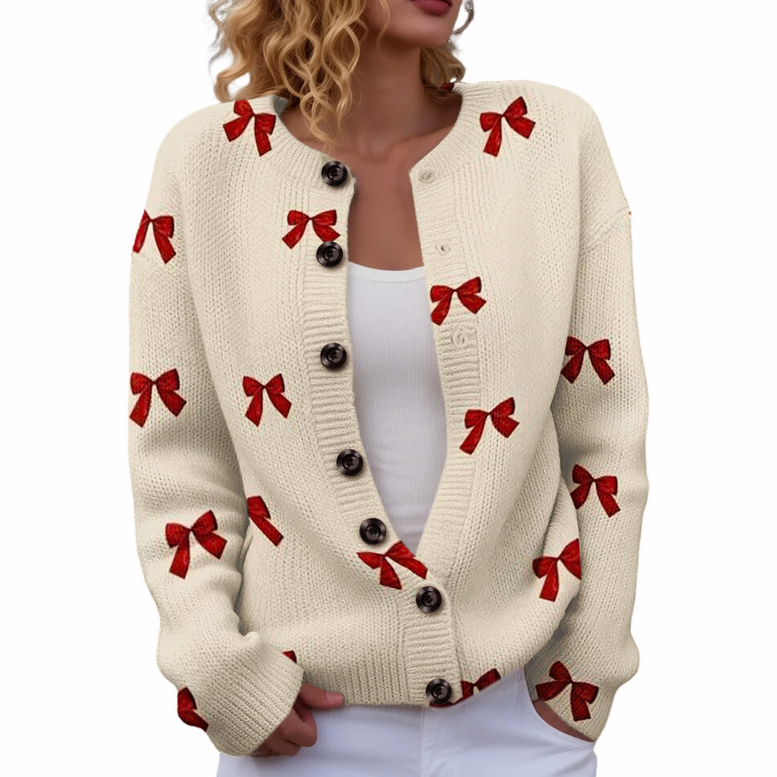 Women's Heart Ribbon Bow Cherry Print Cardigan