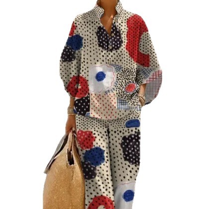 Women's Polka Dot Floral Print Long Sleeve Button-Up Top Set