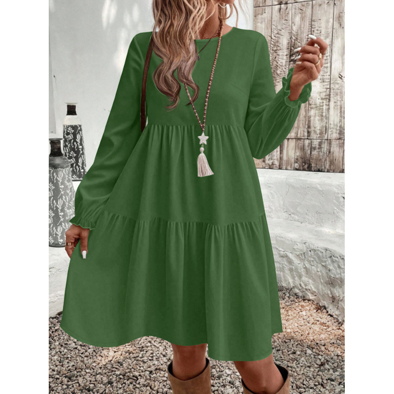 Puff Sleeve Tiered Midi Dress Round Neck Long Sleeve Solid Color