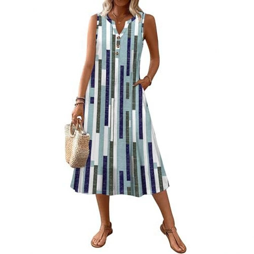 Women's Retro Striped Sleeveless Midi Dress Casual Fit