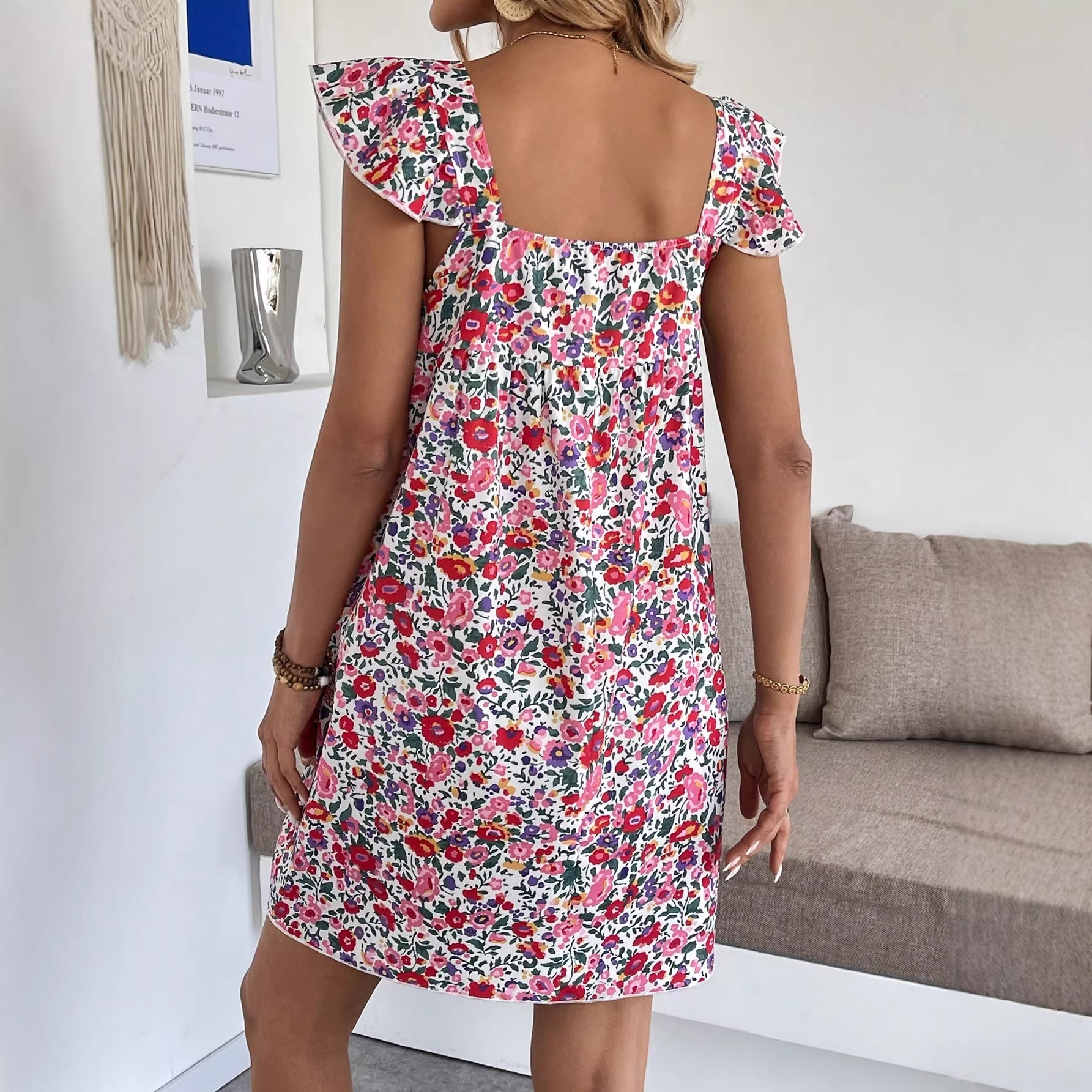 Boho Floral Square-Neck Dress with Flutter Sleeves