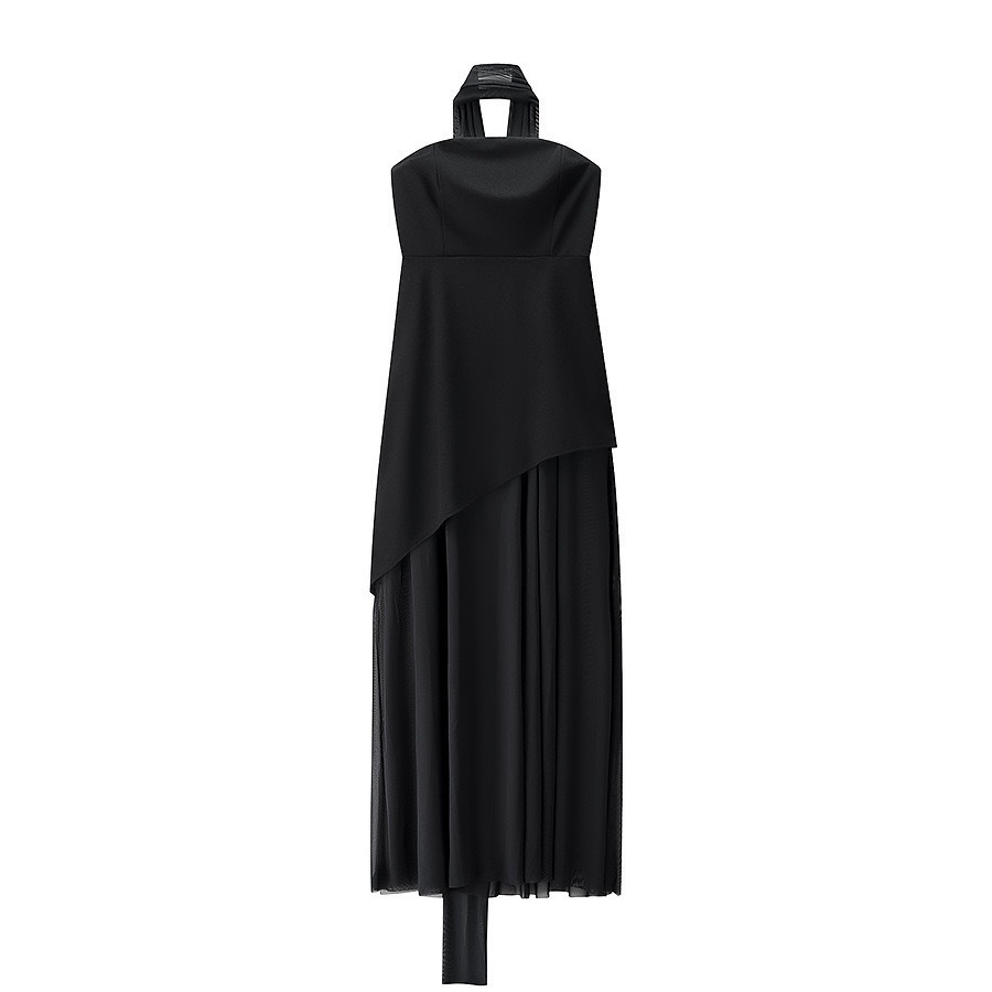 ZA-Style Tie-Neck Halter Mesh Panel A-Line Dress